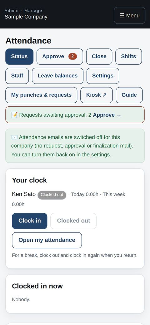 Manager: attendance on a phone