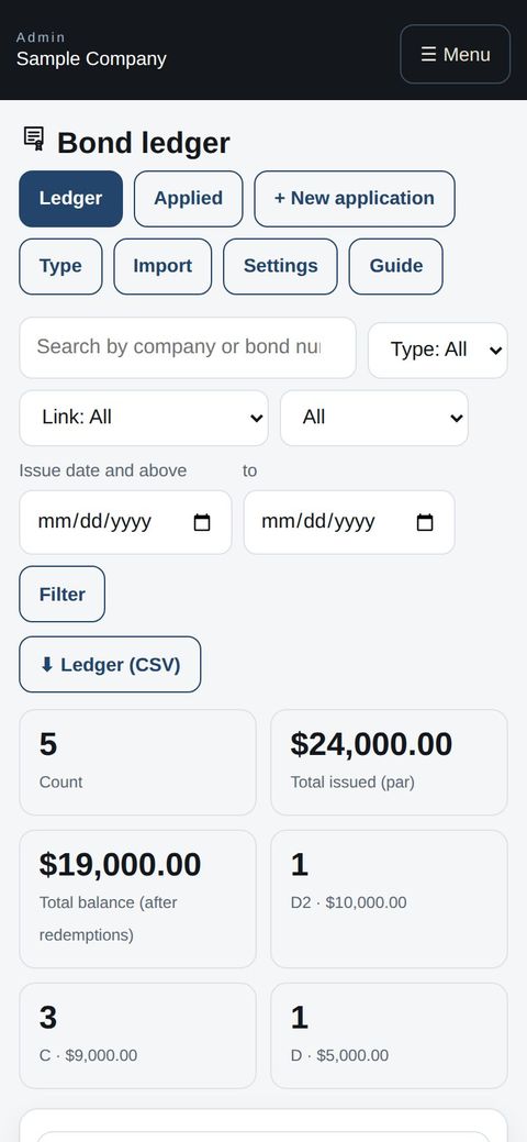 Membership bonds | Business app features Office: the bond ledger on a phone