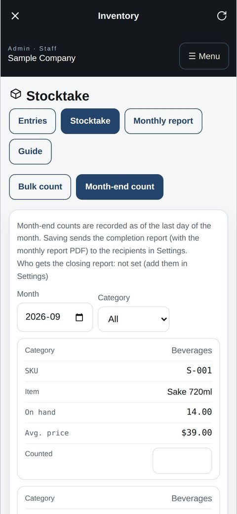 Staff: counting stock in the app