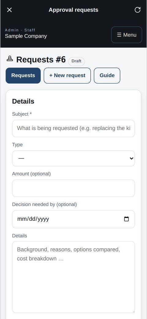 Approval requests (ringi) | Business app features Staff: writing a request in the app