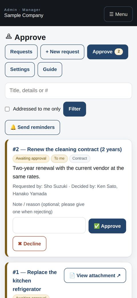 Approval requests (ringi) | Business app features Manager: approving on a phone